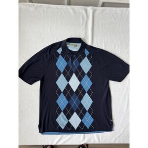 Tommy Bahama Mens XL Navy Blue Argyle Cotton Short Sleeve Polo Shirt Knit Top